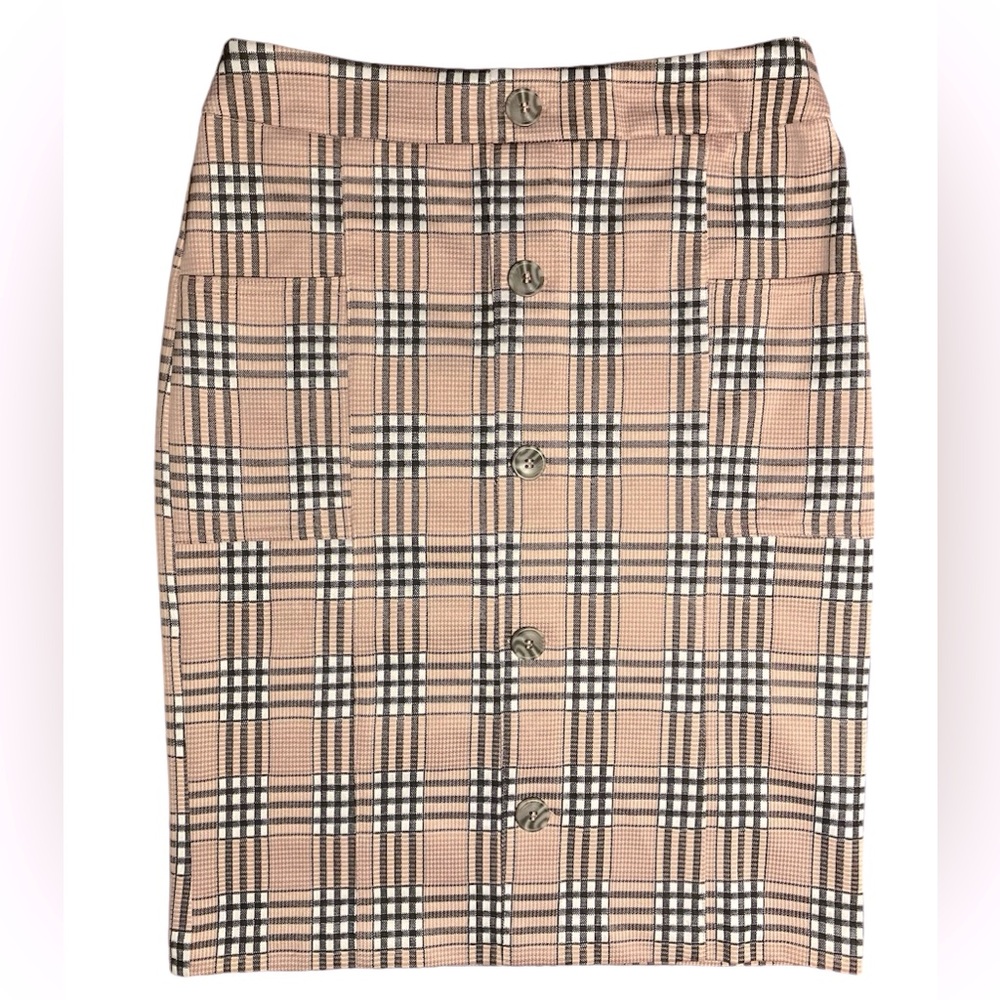 CATO Women’s Pencil Skirt Light Salmon/Black Houndstooth Plaid Stretch Sz Small